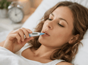 Frau mit Thermometer im Mund liegt im Bett